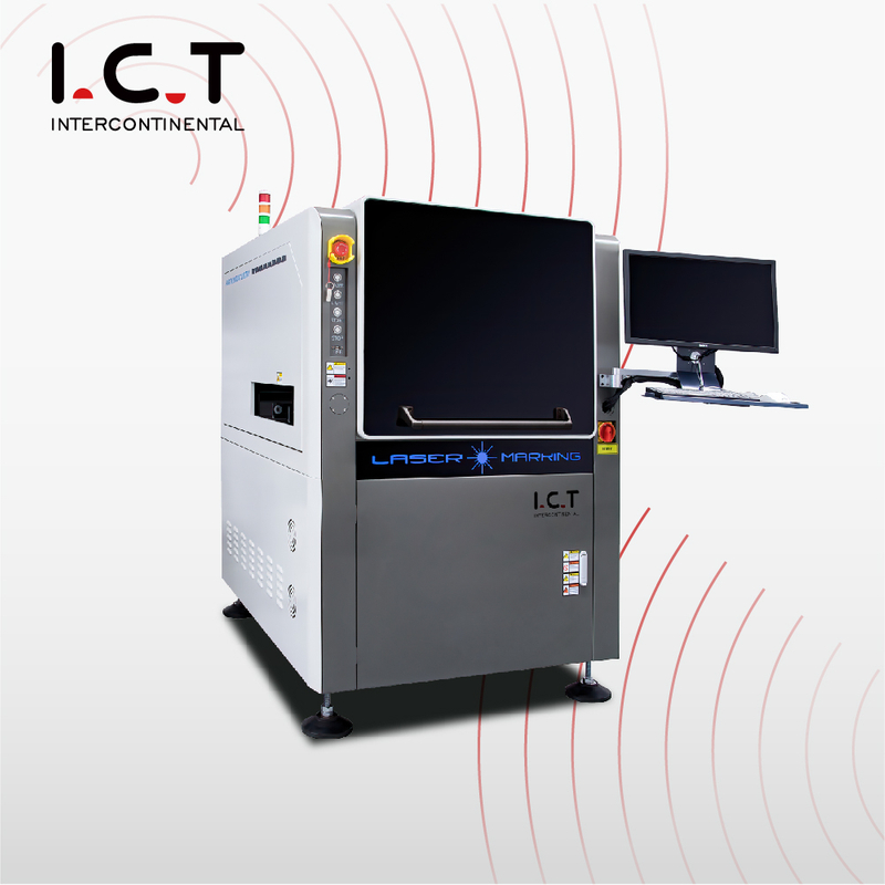I.C.T |PCB máquina de impresión de marcado láser con código Qr de mosca de fibra con rotativo