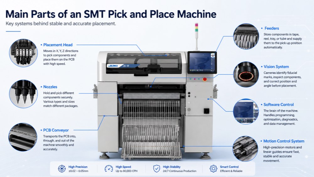 Partes principales de la m&aacute;quina Pick and Place SMT