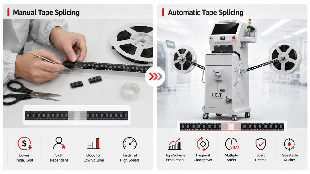 Proceso de empalme de cinta manual versus autom&aacute;tico.webp
