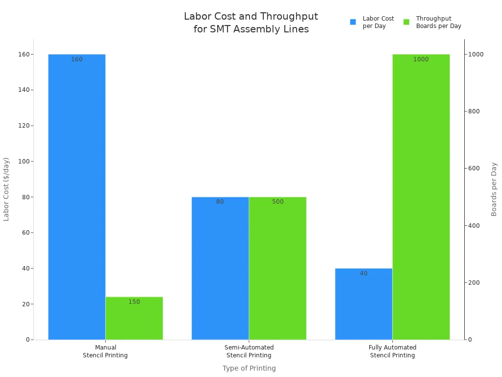 Gr&aacute;fico de barras que compara el costo de mano de obra y el rendimiento de l&iacute;neas de ensamblaje SMT manuales, semiautom&aacute;ticas y totalmente automatizadas