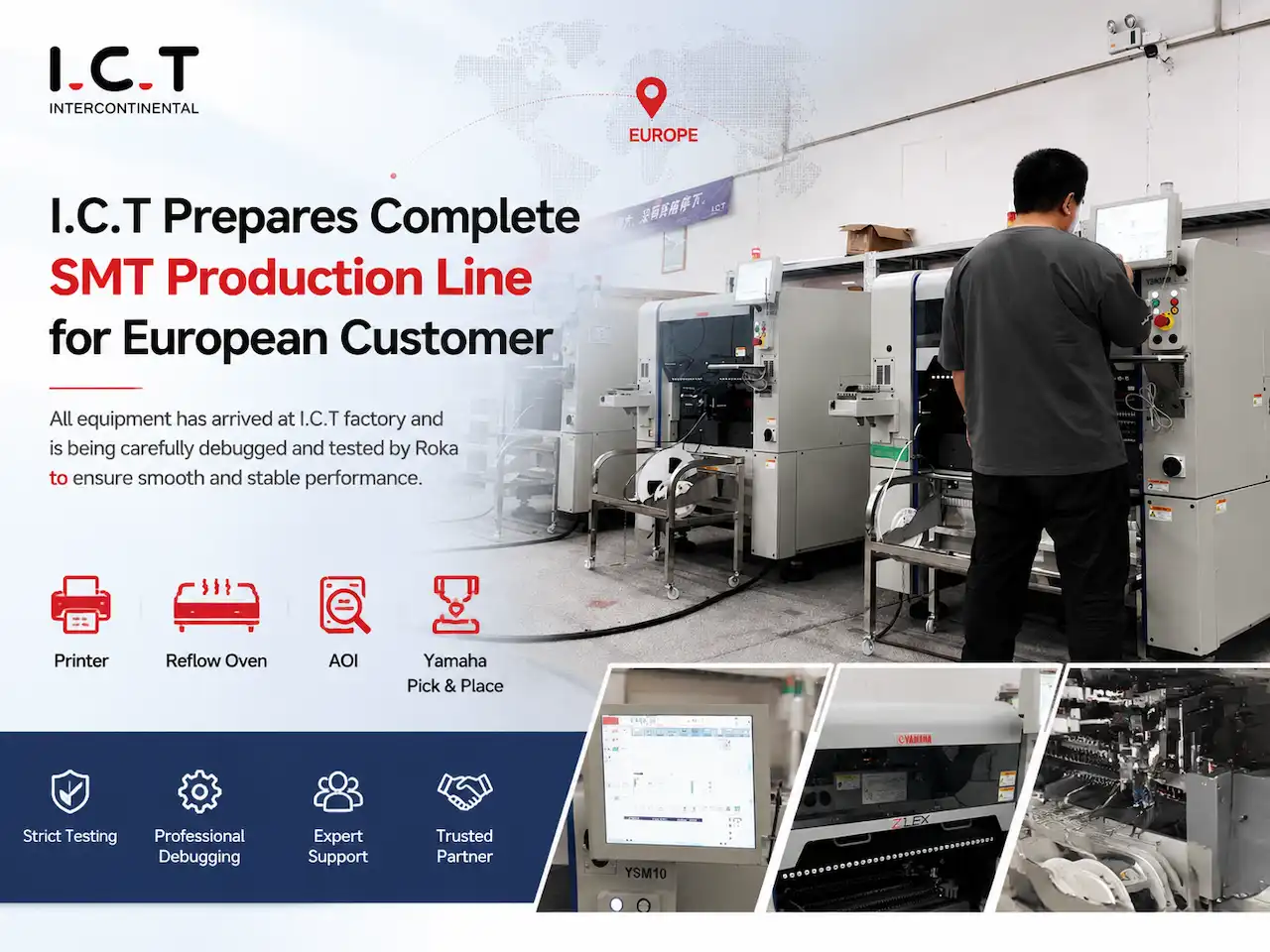I.C.T prepara una l&iacute;nea de producci&oacute;n completa SMT para un cliente europeo.webp